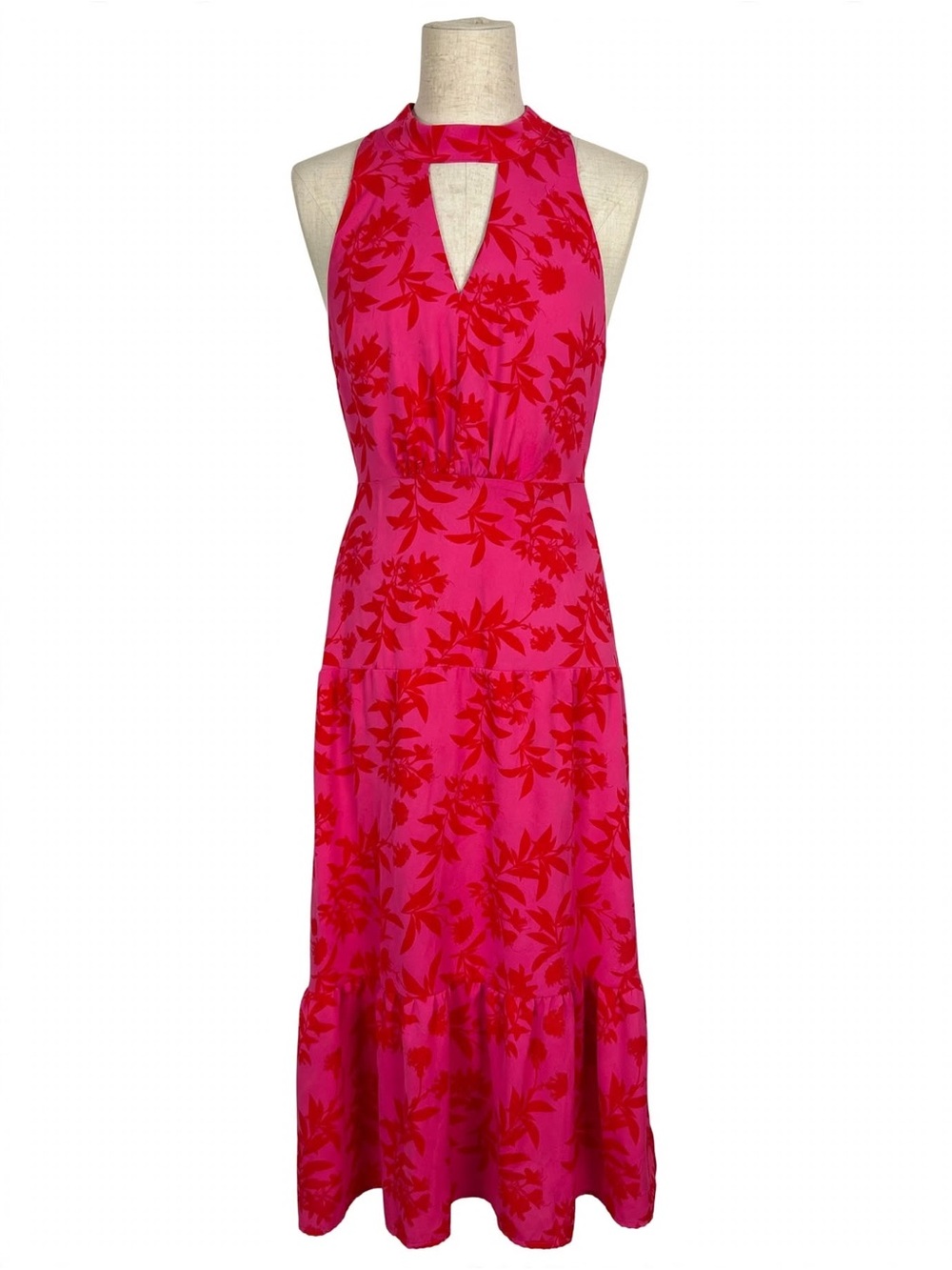 Sam Edelman Hot Pink Red Floral Maxi Dress Size 10 Sleeveless Tie Neck Keyhole